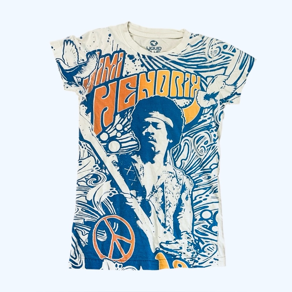 Jimi Hendrix Liquid Blue Graphic T Shirt Women’s Small Blue Orange Peace Guitar